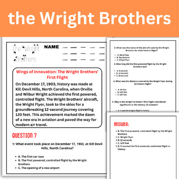 Preview of The Wright Brothers First Flight / Reading Comprehension Passage