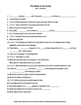 Preview of The Writer in the Family by E .L. Doctorow Complete Guided Reading Worksheet