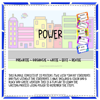 Preview of The Writing Process superhero themed posters using POWER