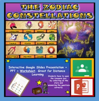 Preview of The Zodiac Constellations, Space: Interactive Google Slides + PPT + Worksheet