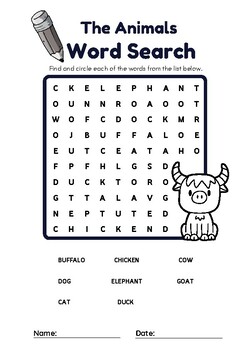 The animals Word Search by Seksan Kongchai | TPT