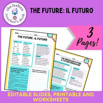 Preview of The future: il futuro. Worksheets, editable slides, printable, 10th-12th grade
