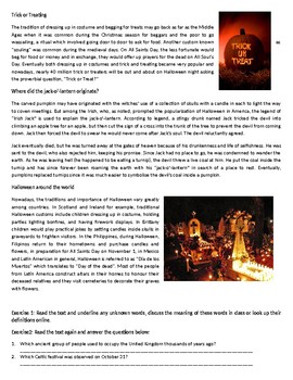 the history of halloween reading comprehension worksheet tpt