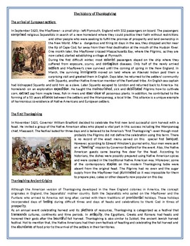 Preview of The history of Thanksgiving - Reading Comprehension Worksheet / Vocabulary