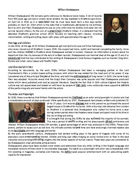 Preview of Life & work of William Shakespeare - Reading Comprehension Vocabulary Worksheet