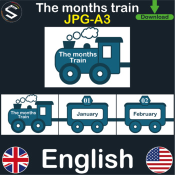Preview of FREE English Months Train, School Easy Calendar A3 Posters- Blue and Brown.