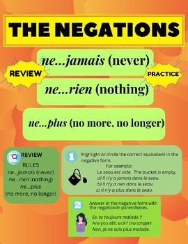 Preview of THE NEGATIONS ne...jamais, ne...rien, ne...plus - Review Practice Exercise