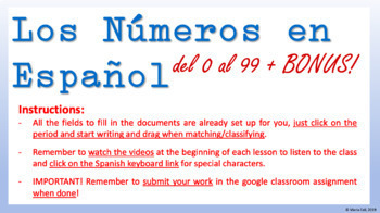 Preview of The numbers in Spanish, 100% online w/ video support, EDITABLE instructions