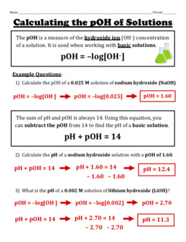 The Ph Scale Calculations With Ph And Poh Notes And Worksheet Set