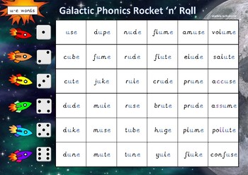 the u e split digraph phonics games pack by galactic phonics