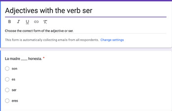 Preview of The verb Ser- El verbo ser & adjectives google form
