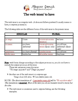 The verb tener/ to have by Marquez Spanish | Teachers Pay Teachers