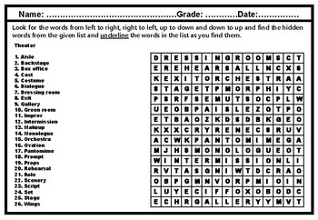 Preview of Theater, Word Search Worksheet, Drama Vocabulary Sub Plan