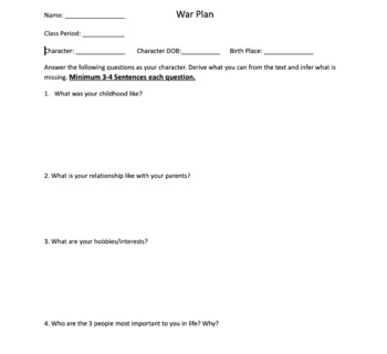 Preview of Theatre Character Worksheet - War Plan
