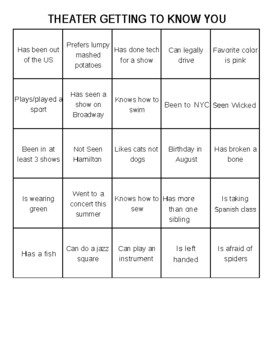 Preview of Theatre Getting to Know You Bingo Card