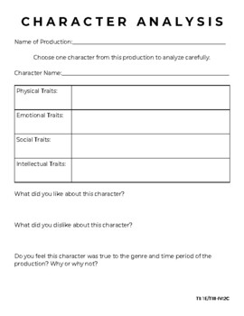 Preview of Theatre I-IV: Character Analysis Worksheet