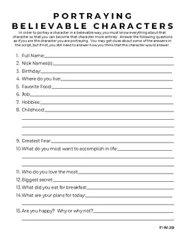 Theatre I-IV: Portraying Believable Characters Worksheet | TpT