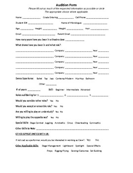 Preview of Theatre Musical/Play Audition Form
