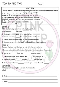 their too homophones and compounds words grammar worksheets with answers