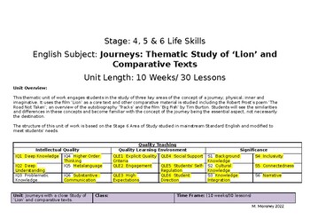 Preview of Thematic Study of Journeys and the Film Lion 10 Week English Life Skills SOW