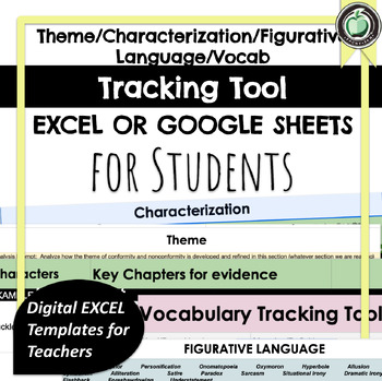 Preview of Theme, Characterization, Figurative Language, Vocab,... TrackingTool Excel/Sheet