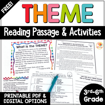 Preview of Theme Distance Learning Reading Passage and Task Cards FREE | Theme Activities