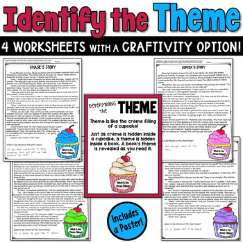 Preview of Finding the Theme in a Story: Four Practice Worksheets, Poster, & Craft Activity