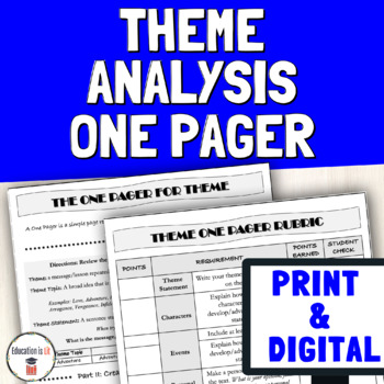 Preview of Print & Digital One Pager Identifying Theme Worksheets and Main Idea Activities