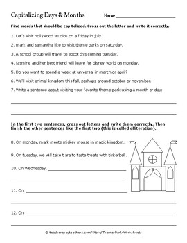 Preview of Theme Park Capitalization Punctuation Proper Nouns Commas & more - 12 Worksheets