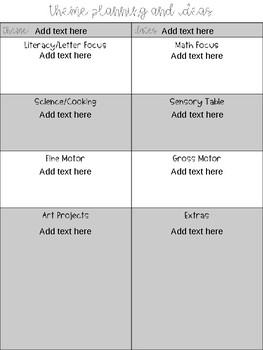 Preview of Theme Planning Pages for Preschool (Editable)