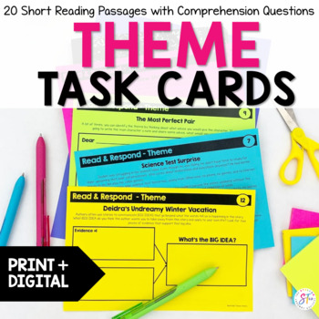 Preview of Finding Theme Reading Comprehension Task Cards: Worksheets & Graphic Organizers