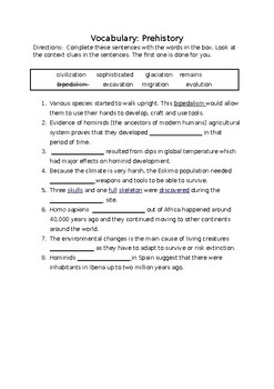 Preview of Prehistory Vocabulary exercise