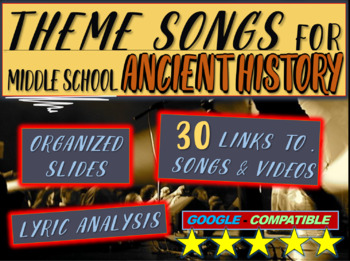 Preview of Theme Song for each week of 6th grade Ancient history: includes lyrics & links