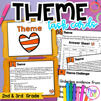 Preview of Theme Task Cards 2nd 3rd Grade RL.2.2 RL.3.2 Reading Activity Center Game Story