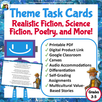 Preview of Digital/Printable Theme Task Cards w/ Reading Differentiation Grades 3-5 (Set 2)