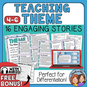 Preview of Theme Task Cards with Print & Digital Versions Activity Reading Differentiation