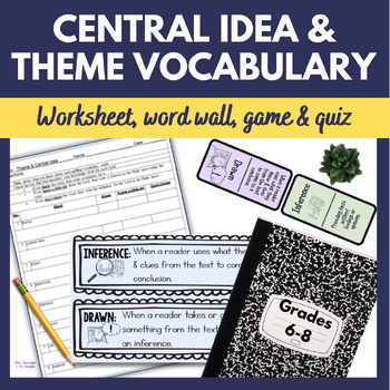 Preview of Theme and Central Idea Vocabulary - Worksheet, Word Wall, Game, Quiz