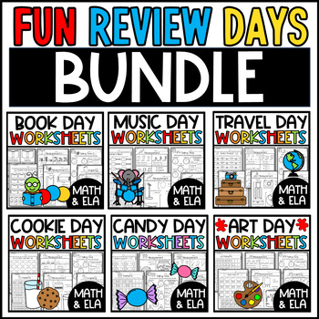 Preview of Themed Days Review Worksheets for the End of the Year Math and ELA Review BUNDLE
