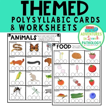 Preview of Themed Polysyllabic Cards & Worksheets: 3 syllables