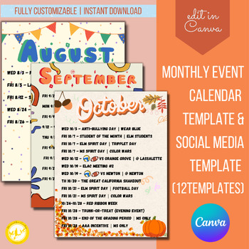 Preview of Themed Template for School Events, Editable Monthly Event Calendar PTO, PTA, ASB