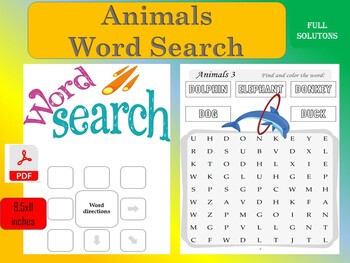 Preview of Themed animals word search puzzles for kids age 6 to 8 years