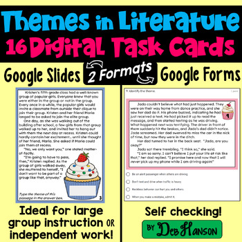 Preview of Themes in Reading Task Cards Using Google Forms or Slides: 16 Practice Passages