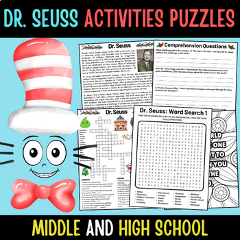 Theodor Geisel Dr. Seuss Passage and Question + Activities Puzzles Sub Plan