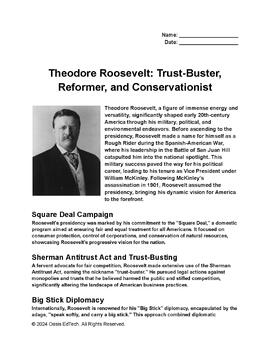Preview of Theodore Roosevelt: Trust-Buster, Reformer, and Conservationist Worksheet