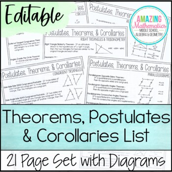 Preview of Editable Postulates, Corollaries, & Theorems List - High School Geometry Proofs