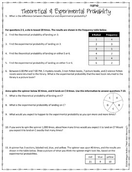 Theoretical and Experimental Probability Worksheet by Math With Meaning
