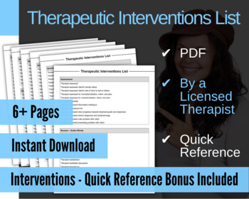 Preview of Therapeutic Interventions List for Therapists, Reference for Progress Notes, PDF