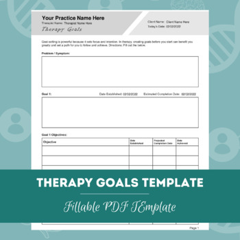 Preview of Therapy Goals Worksheet Template | Editable / Fillable / Printable PDF
