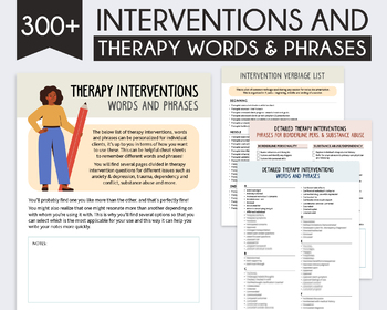 Preview of Therapy Interventions, Clinical Words & Phrases, Therapy Verbiage, therapy notes
