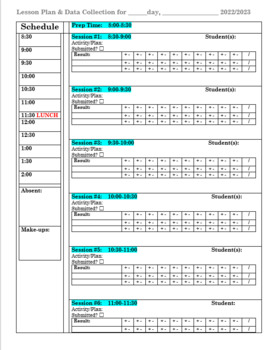 Preview of Therapy Service Daily Session Note Sheet (Plan, Data Collection) (ST,OT, Play)